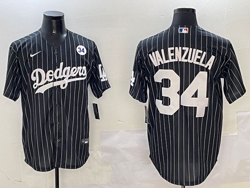 Men Los Angeles Dodgers 34 Valenzuela Black Stripe Jointly Name 2025 Nike MLB Jersey style 7
